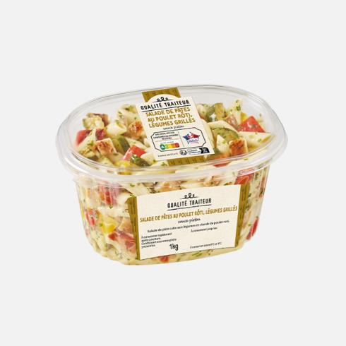 Salade de pâtes au poulet rôti, légumes grillés